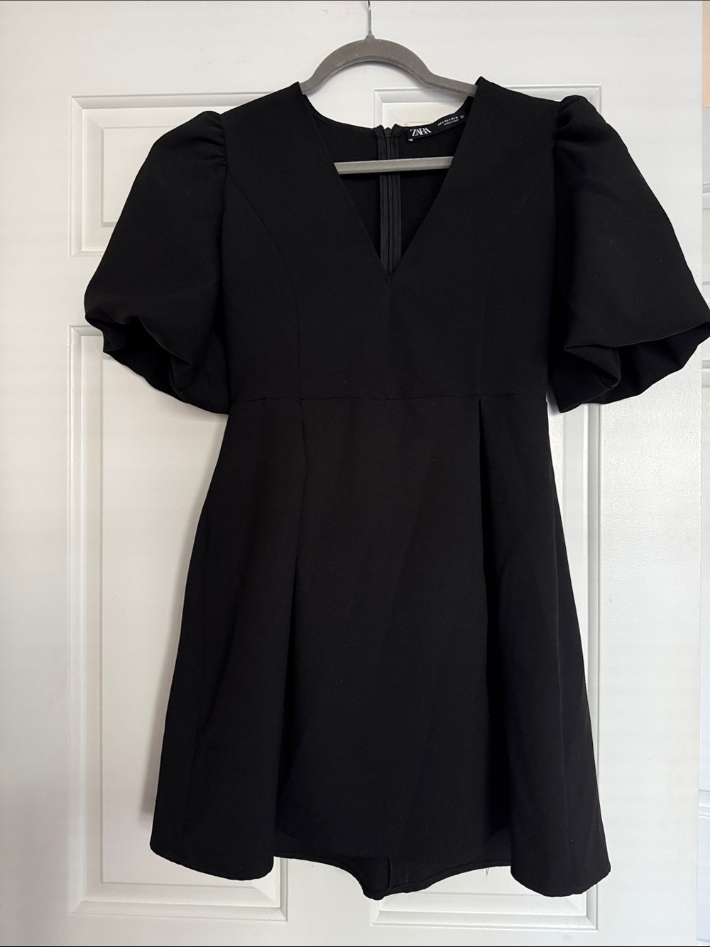 Zara Black V-Neck Puff-Sleeve Mini Dress